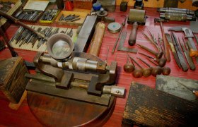 Tools on a table in a roller engraving shop.