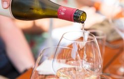 Mit einer Hand wird an einem sonnigen Sommertag weißer Wein in ein Weinglas eingeschenkt; daneben steht ein zweites, leeres Glas bereit.