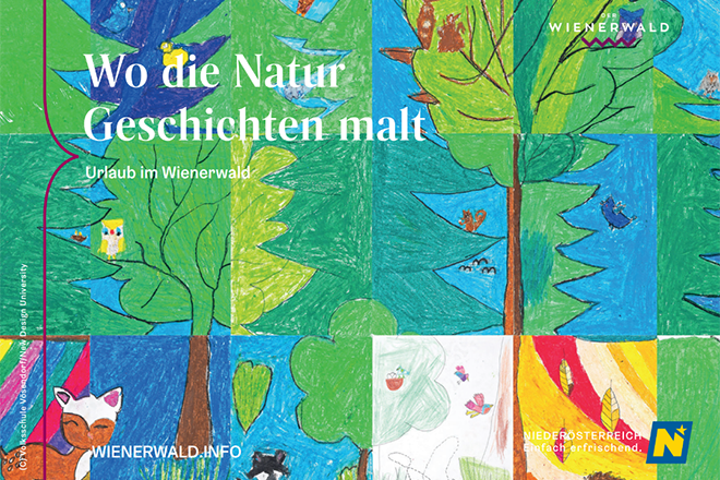 Der Wienerwald aus Kinderaugen, buntes Bild mit viel grünem Wald und Tieren, Blättern., 