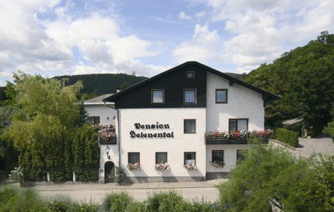 Ein zweistöckiges Gebäude mit der Aufschrift 'Pension Seelenental', umgeben von Bäumen und Sträuchern.