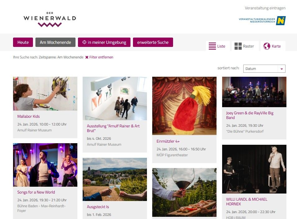 Übersicht über die Veranstaltungen im Wienerwald dargestellt in einem Online Kalender.
