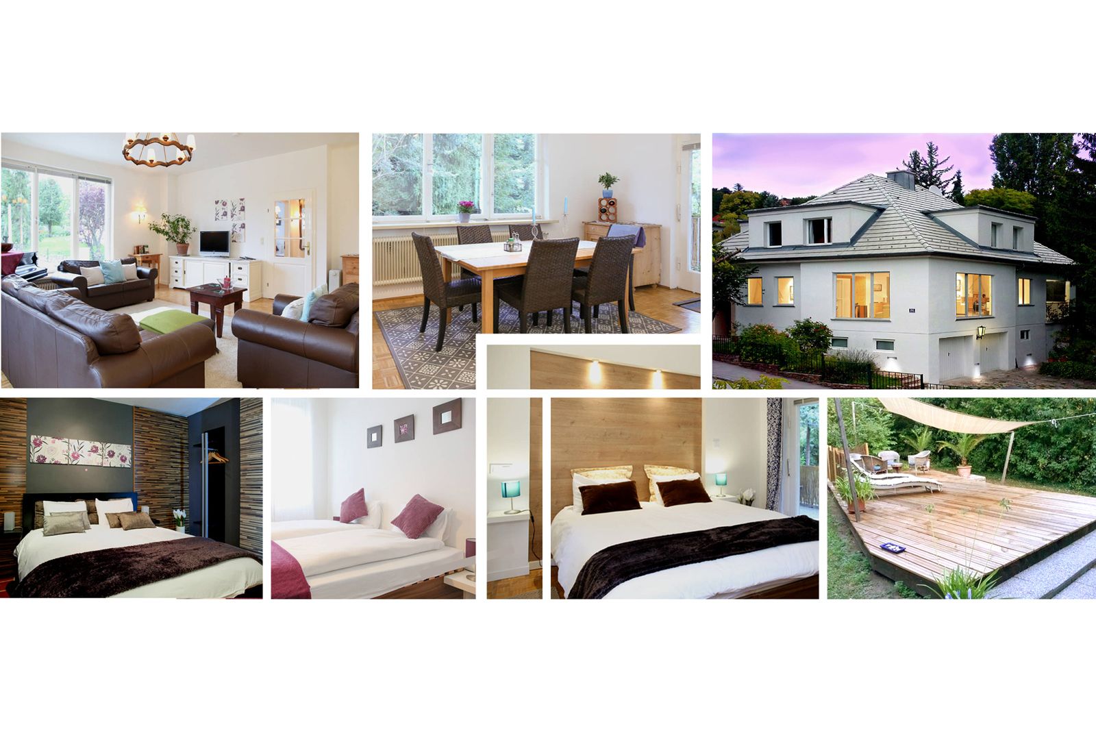 Collage von Innen- und Außenansichten eines modernen Hauses mit Wohnzimmer, Esszimmer, Schlafzimmern und Terrasse.