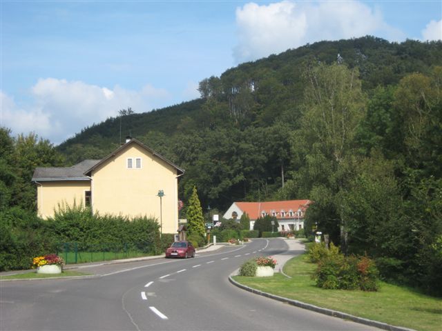 Ländliche Straße mit Häusern und bewaldetem Hügel im Hintergrund.
