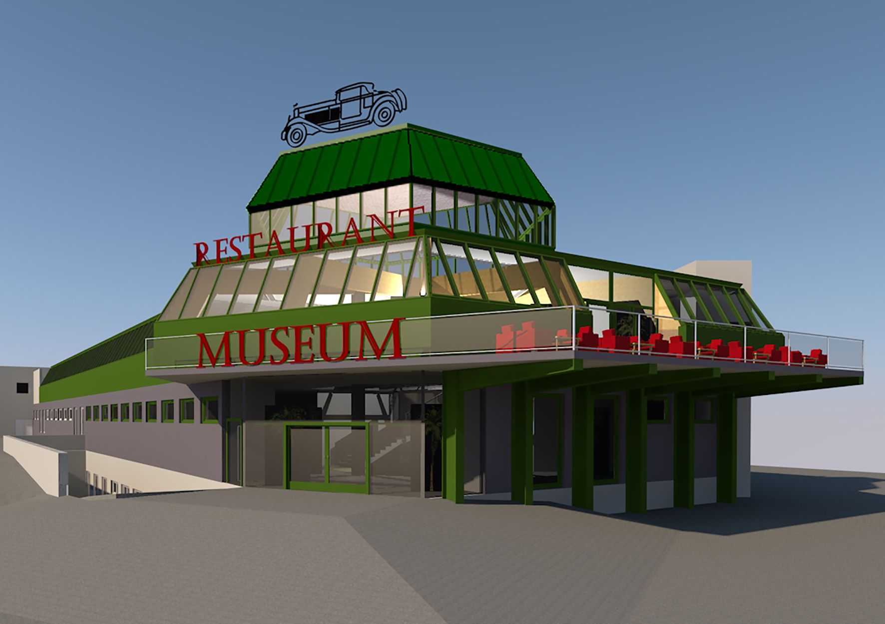 Gebäude mit grünem Dach, Aufschrift 'Restaurant' und 'Museum', Oldtimer-Symbol auf dem Dach.