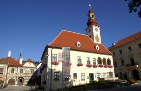 Historic building with tower and clock in Mödling, surrounded by blue sky.