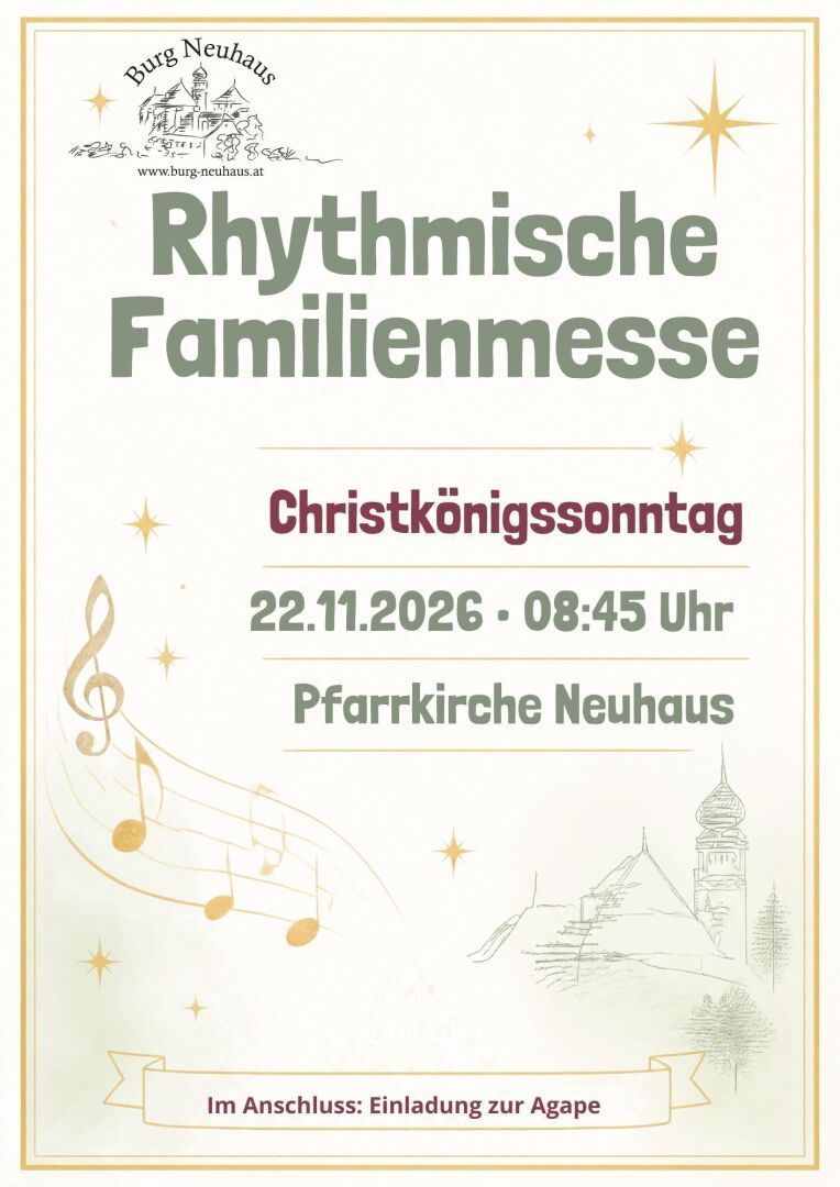 Ein weißes Plakat mit Text, Strichzeichnung, goldene Notenzeilen