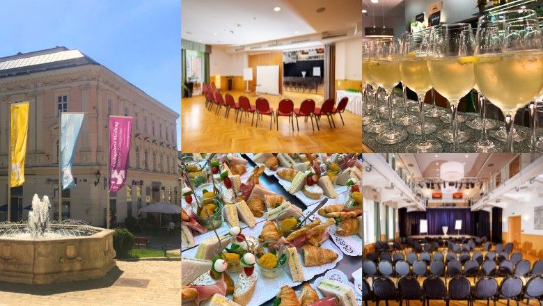 Collage of the Stadtgalerie Mödling with event rooms, buffet and exterior view.