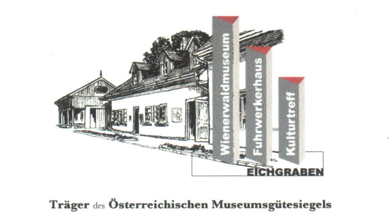 Illustration of a building with signs for Wienerwaldmuseum, Fuhrwerkerhaus and Kulturtreff.
