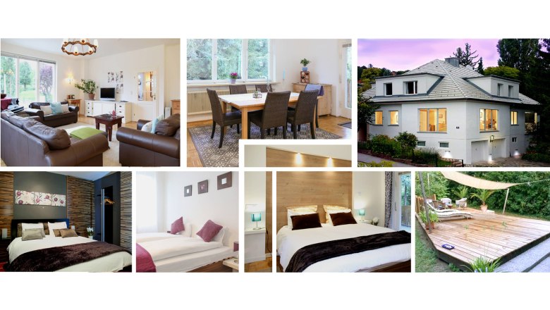 Collage von Innen- und Außenansichten eines modernen Hauses mit Wohnzimmer, Esszimmer, Schlafzimmern und Terrasse.