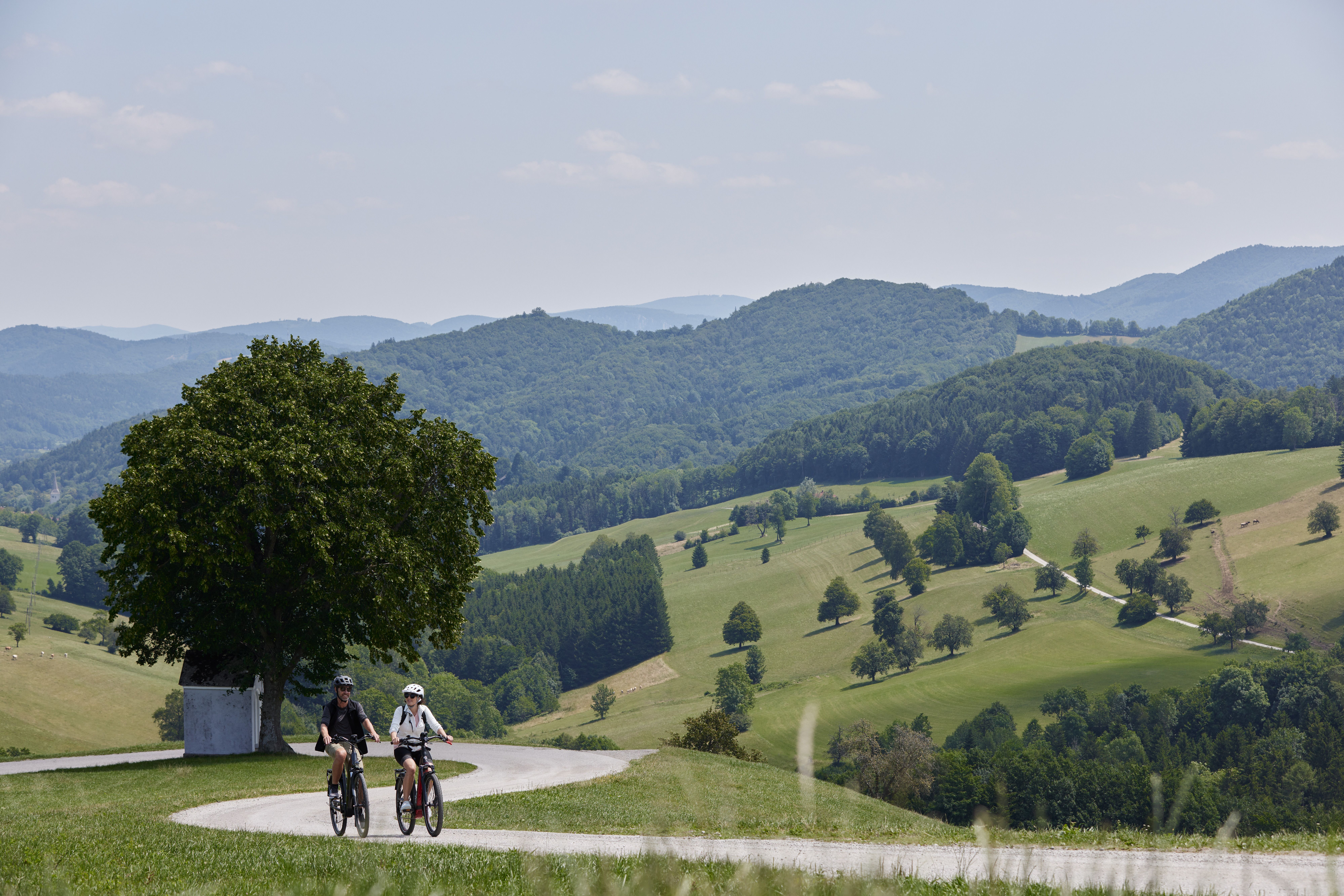 Sanfte Hügel und üppige Wiesen umgeben die Radfahrer, die auf dem malerischen Weg durch die idyllische Landschaft gleiten. Die frische Luft und die atemberaubenden Ausblicke laden dazu ein, die Schönheit der Natur in vollen Zügen zu genießen.