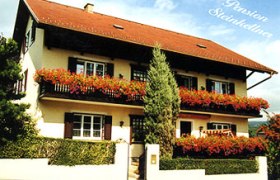 Ein zweistöckiges Haus mit roten Blumen auf den Balkonen, beschriftet mit 'Pension Steinkellner'.