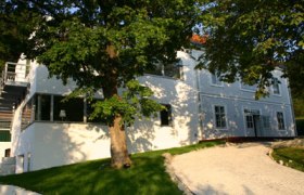 Weiße Villa mit großen Fenstern und einem Baum im Vordergrund.